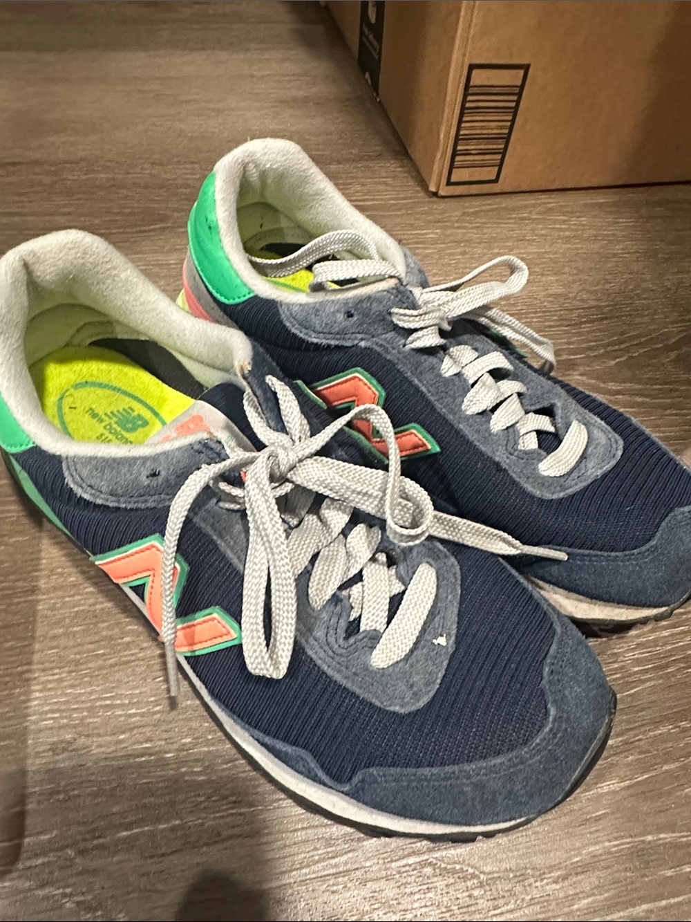 New Balance Navy Sneakers with Neon Green and Coral Accents